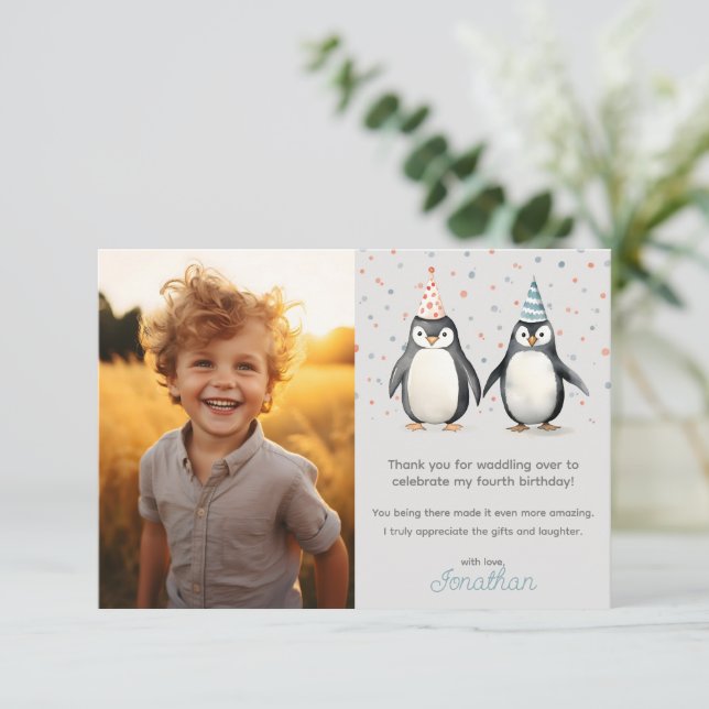 Party Penguins, waddle over children's birthday Thank You Card (Standing Front)