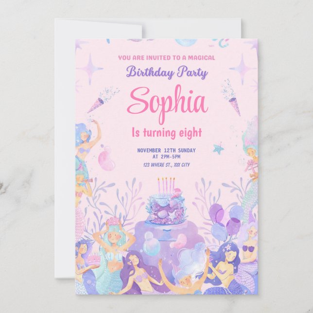 Party Pink Playful Mermaid Birthday Invitation (Front)