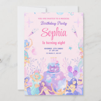 Party Pink Playful Mermaid Birthday Invitation