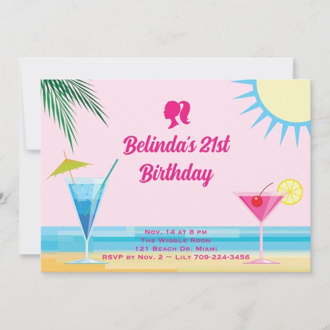 Party Pink Tropical Beach 21st Birthday Party  Invitation (Front)