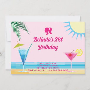 Party Pink Tropical Beach 21st Birthday Party  Invitation