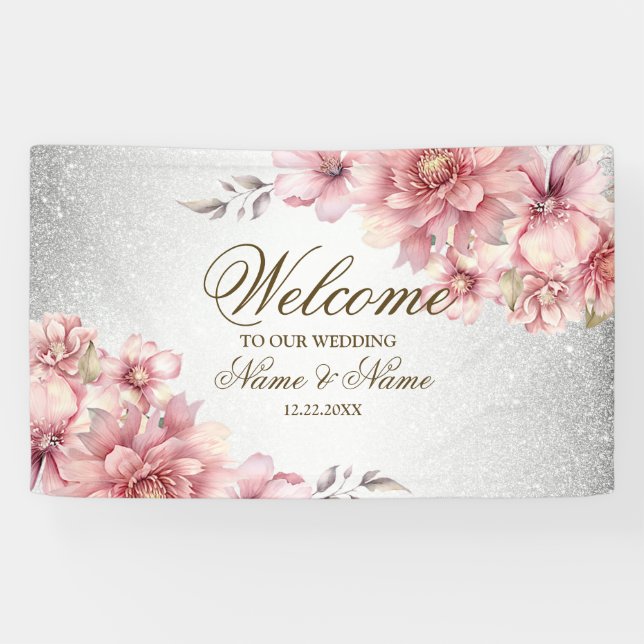 Party Pink Watercolor Flowers Shiny Glitter Modern Banner (Horizontal)