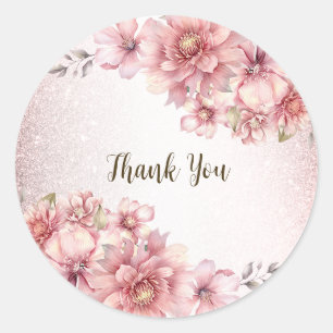 Party Pink Watercolor Flowers Shiny Glitter Modern Classic Round Sticker