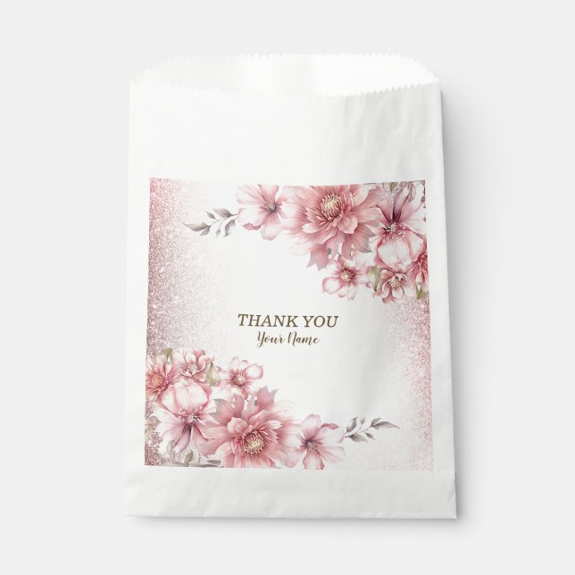 Party Pink Watercolor Flowers Shiny Glitter Modern Favour Bag (Front)