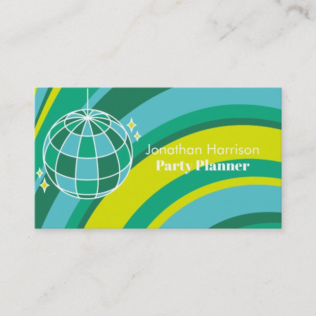 Party Planner Retro Groovy Wave Disco Ball Green Business Card (Front)
