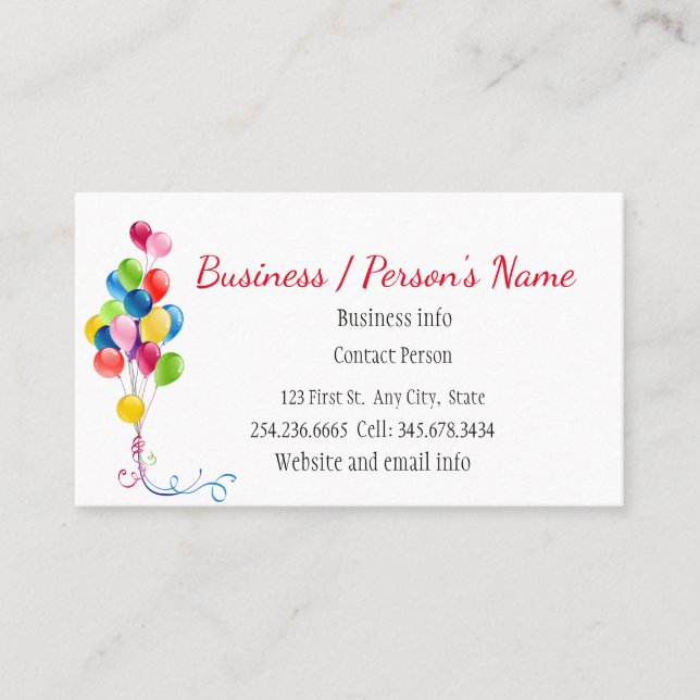 Party Planners Fun Colourful Balloons Custom  Business Card (Front)