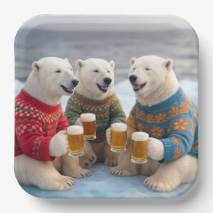 Party Polar Bears Wearing Christmas Ugly Sweaters Paper Plate