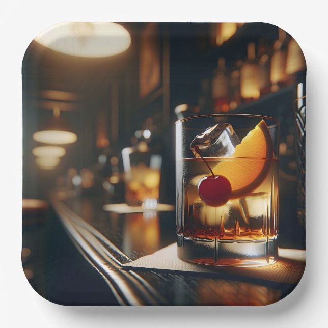 Party Pub With Old Fashioned Drink Paper Plate (Front)