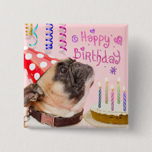 Party Pug and Birthday Cake Cute 2 Inch Square Button