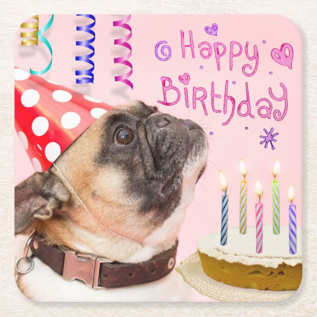 Party Pug and Birthday Cake Cute Square Paper Coaster (Front)