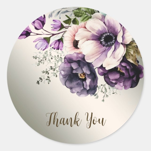 Party Purple Pink Flowers Golden Elegant Classic Round Sticker (Front)
