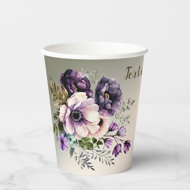 Party Purple Pink Flowers Golden Elegant Paper Cups (Front)