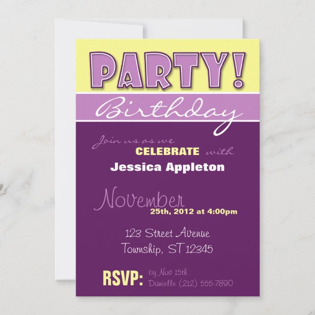 PARTY! Purple & Yellow Birthday Invitations (Front)