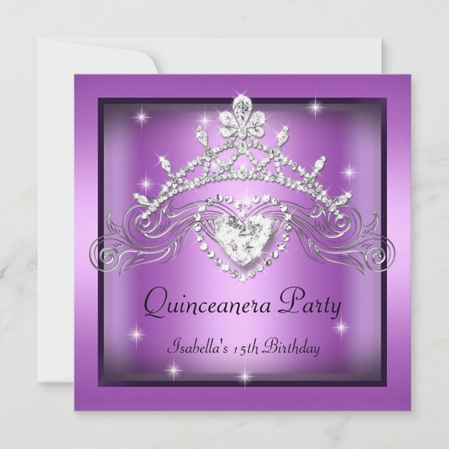 Party Quinceanera 15th Silver Purple Tiara Invitation (Front)