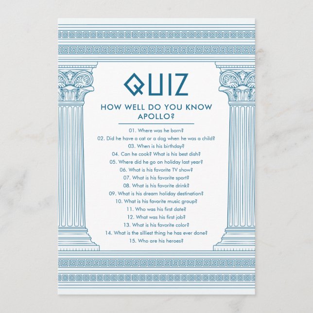 Party Quiz with Greek temple in blue Invitation (Front)