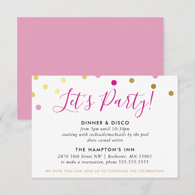 PARTY RECEPTION INFO glam confetti spot gold pink Invitation (Front/Back)