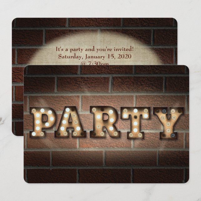 Party sign in marquee lights on brick invitation (Front/Back)