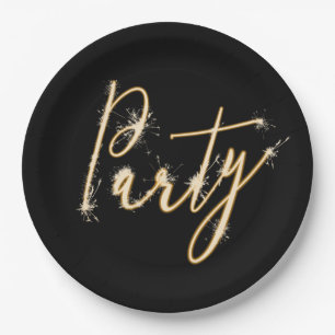 Party Sparkler Text on Black Paper Plate