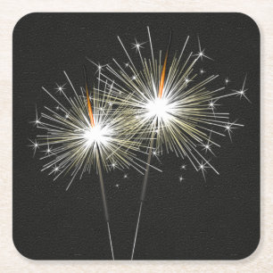 Party Sparklers on Black Leather Square Paper Coaster