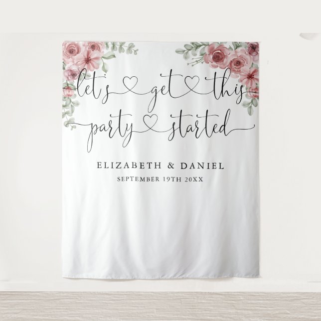 Party Started Script Floral Wedding Photo Backdrop Tapestry (Front)