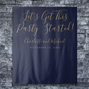 Party Started Script Navy Blue Gold Photo Backdrop Tapestry
