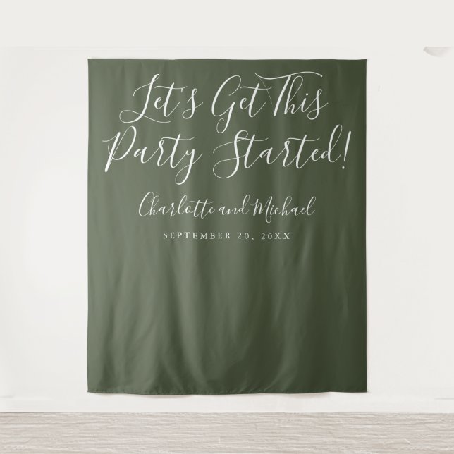 Party Started Script Olive Green Photo Backdrop Tapestry (Front)