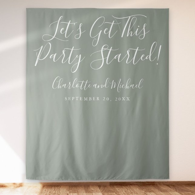 Party Started Script Sage Green Photo Backdrop Tapestry (Party Started Script Sage Green Photo Backdrop)