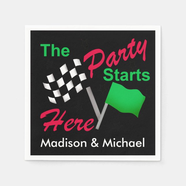 Party Starts Here Race Flag Name Personalized Napkin (Front)