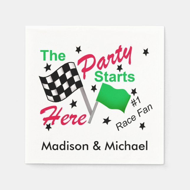 Party Starts Here Race Flag Name Personalized Napkin (Front)
