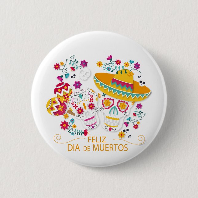 Party Sugar Skulls and Flowers 2 Inch Round Button (Front)