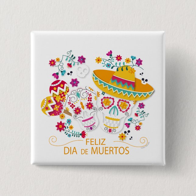 Party Sugar Skulls and Flowers 2 Inch Square Button (Front)