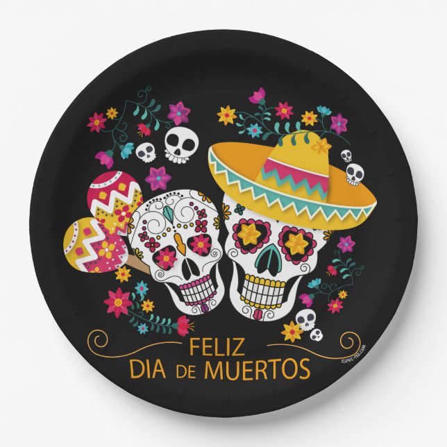 Party Sugar Skulls and Flowers Paper Plate (Front)