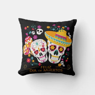 Party Sugar Skulls Happy Day of the Dead Throw Pillow