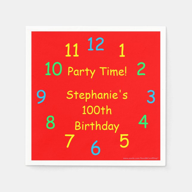 Party Time, 100th Birthday, Red Clock, Name, Paper Napkin (Front)