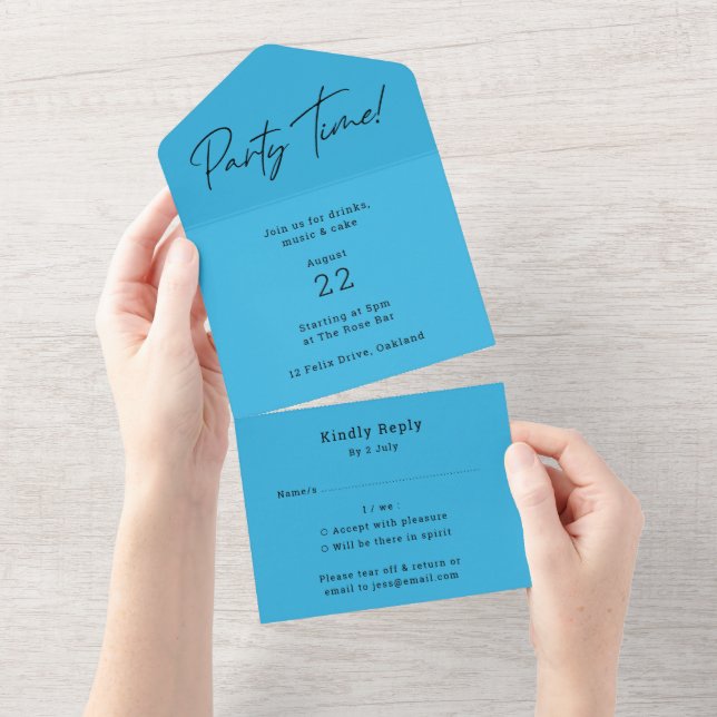 Party Time | Blue Modern Minimalist Fun Birthday All In One Invitation (Tearaway)