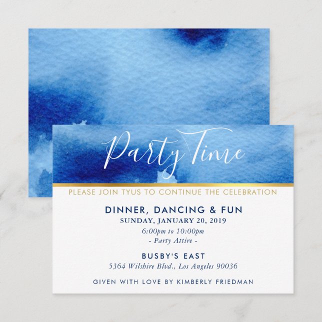 PARTY TIME CELEBRATION gold smart blue watercolor Invitation (Front/Back)