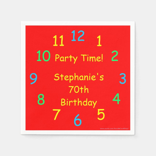 Party Time Clock 70th Birthday, Red, Name, Paper Napkin (Front)