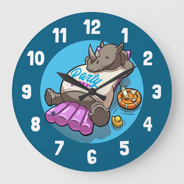 Party Time Funny Rhino Swimming Pool Cartoon Large Clock (Front)