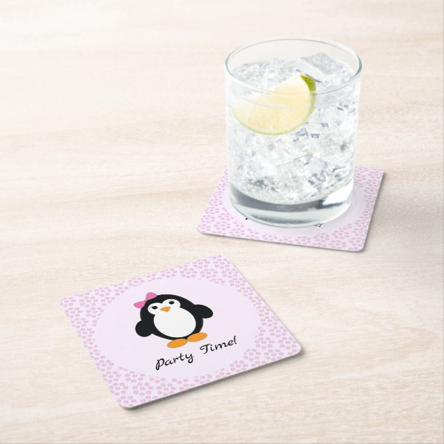 Party Time Girl Penguin Square Paper Coaster (Insitu)