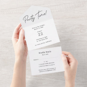 Party Time   Modern Minimalist Simple Clean White All In One Invitation
