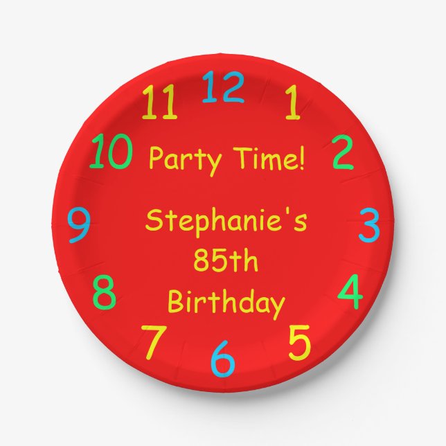 Party Time Paper Plates, 85th Birthday, Red Plate (Front)