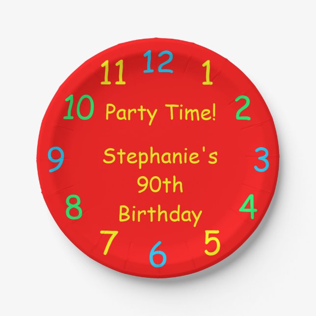 Party Time Paper Plates, 90th Birthday, Red Paper Plate (Front)