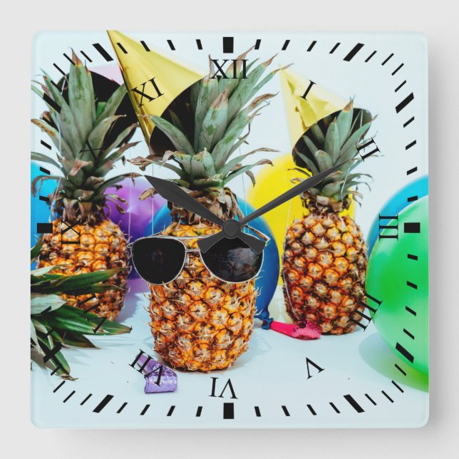 Party Time Pineapples with Party Favors, ZSSG Square Wall Clock (Front)