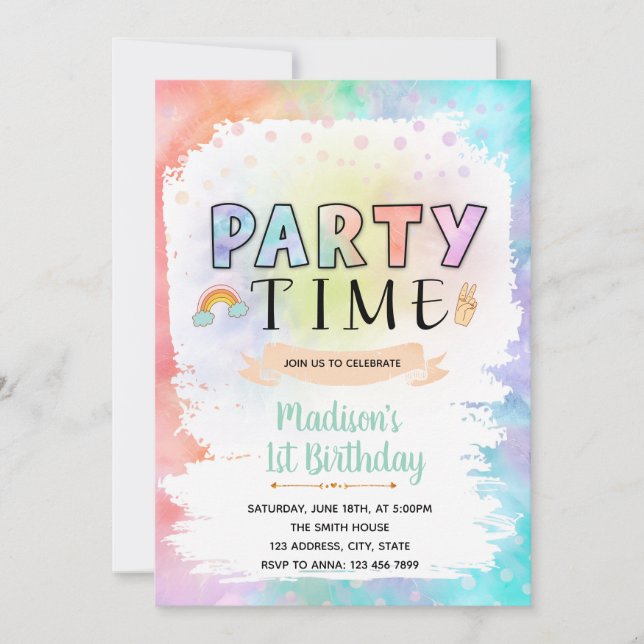Party time tie dye birthday invitation (Front)