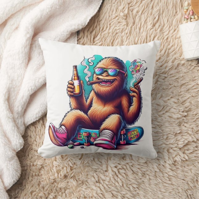Party time with a chill Sasquatch on skateboards Throw Pillow (Blanket)