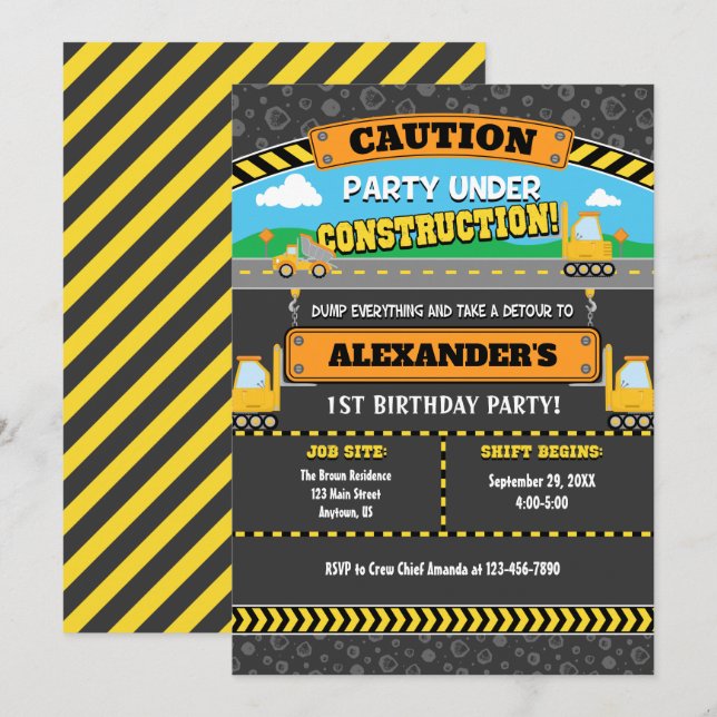 Party Under Construction Birthday Invitation (Front/Back)