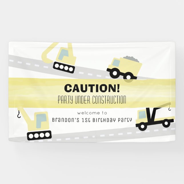 Party Under Construction Vehicles White Birthday Banner (Horizontal)