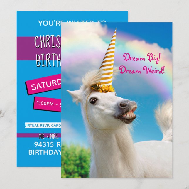 Party Unicorn Horse And Rainbow Invitation (Front/Back)