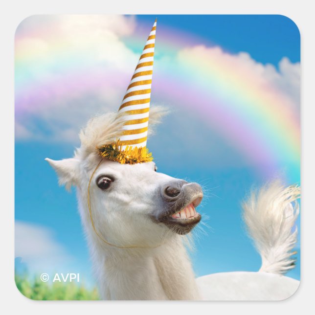 Party Unicorn Horse And Rainbow Square Sticker (Front)