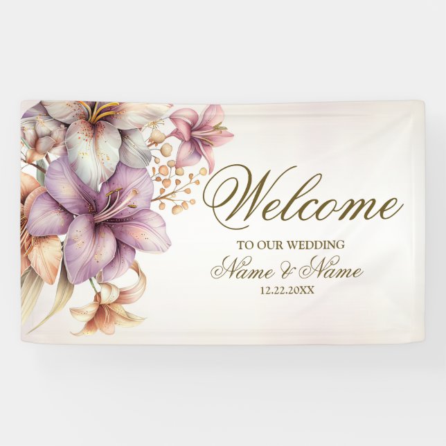 Party Watercolor Boho Pink Flowers Elegant Banner (Horizontal)